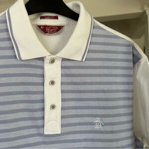 Original Penguin Men's Light Blue and White Polo Shirt
